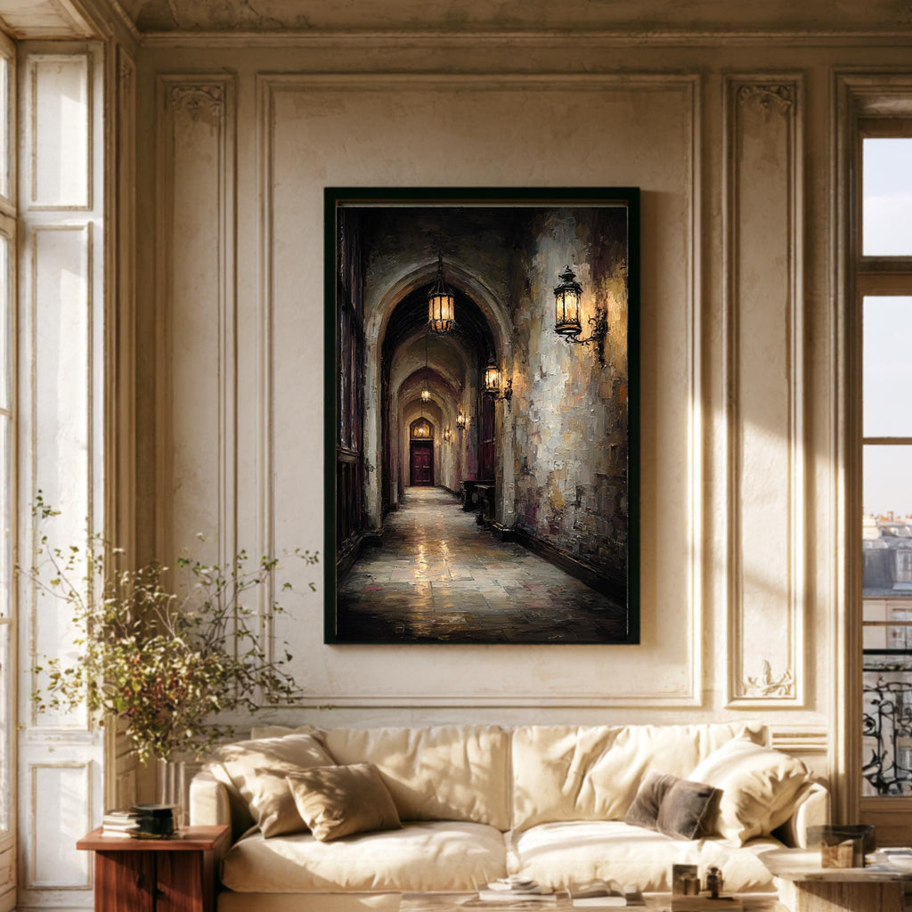 Candlelit Stone Hallway Wall Art, Gothic Corridor Print, Dark Academia Printed Artwork