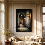 Candlelit Stone Hallway Wall Art, Gothic Corridor Print, Dark Academia Printed Artwork