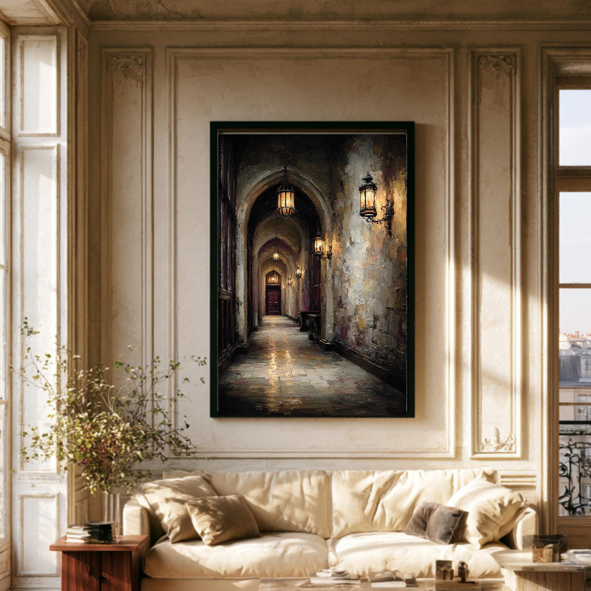 Candlelit Stone Hallway Wall Art, Gothic Corridor Print, Dark Academia Printed Artwork