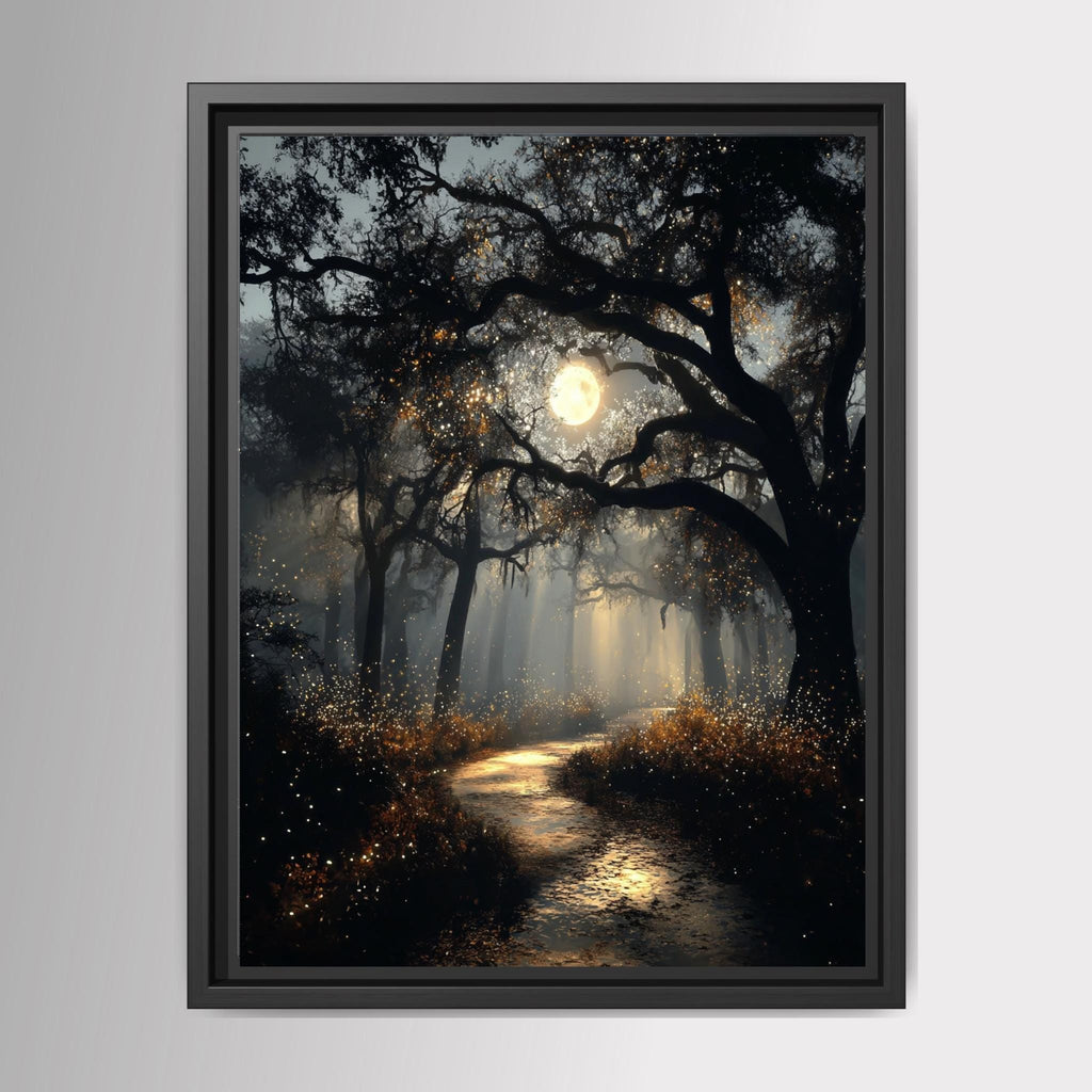 Haunted Forest Full Moon Print, Moonlit Woodland Path Wall Art, Moody Enchanted Woods Painting