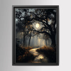 Haunted Forest Full Moon Print, Moonlit Woodland Path Wall Art, Moody Enchanted Woods Painting