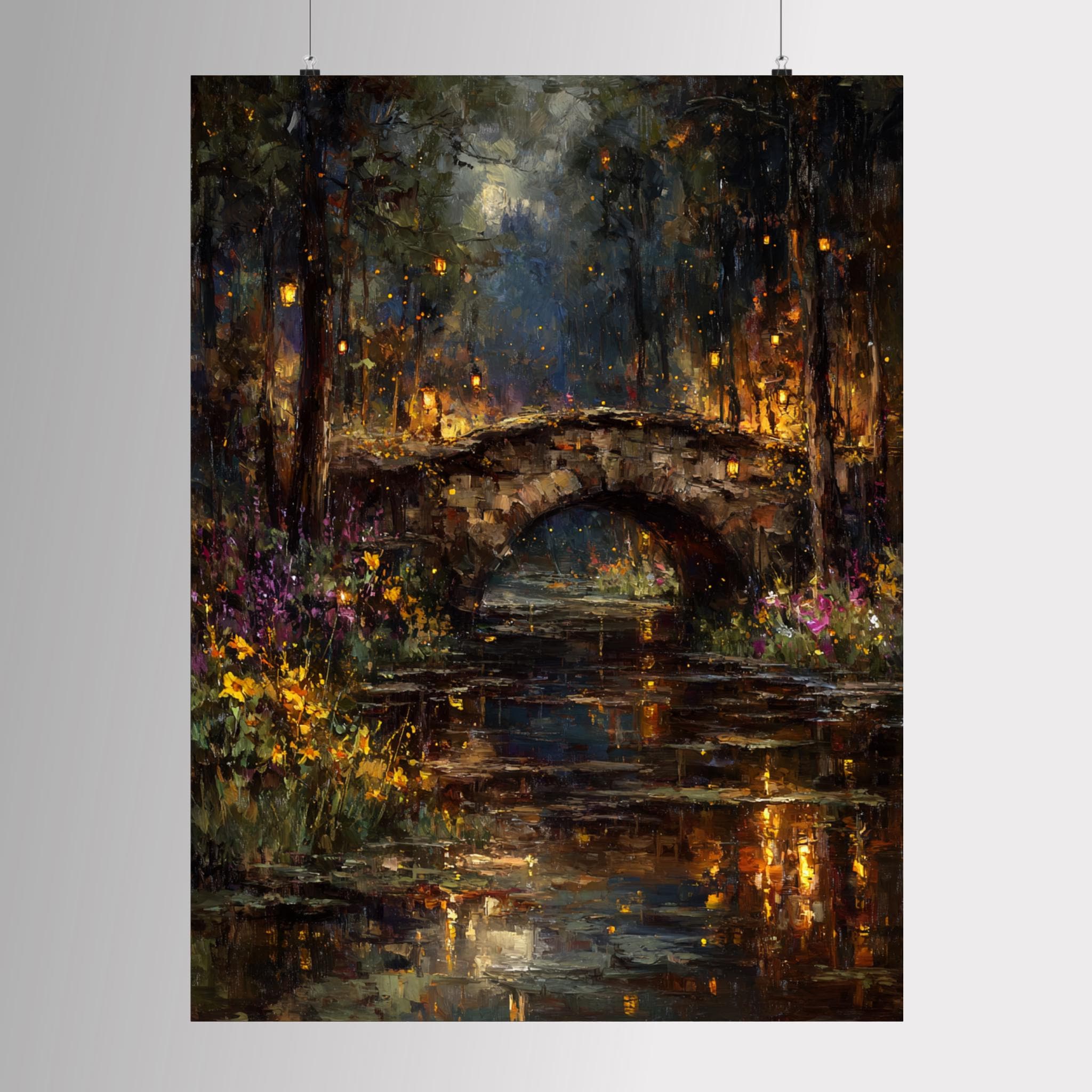 Moonlit Stone Bridge Art Print: Enchanted Forest Lantern River Wallart Secondary image
