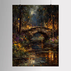 Moonlit Stone Bridge Art Print: Enchanted Forest Lantern River Wallart