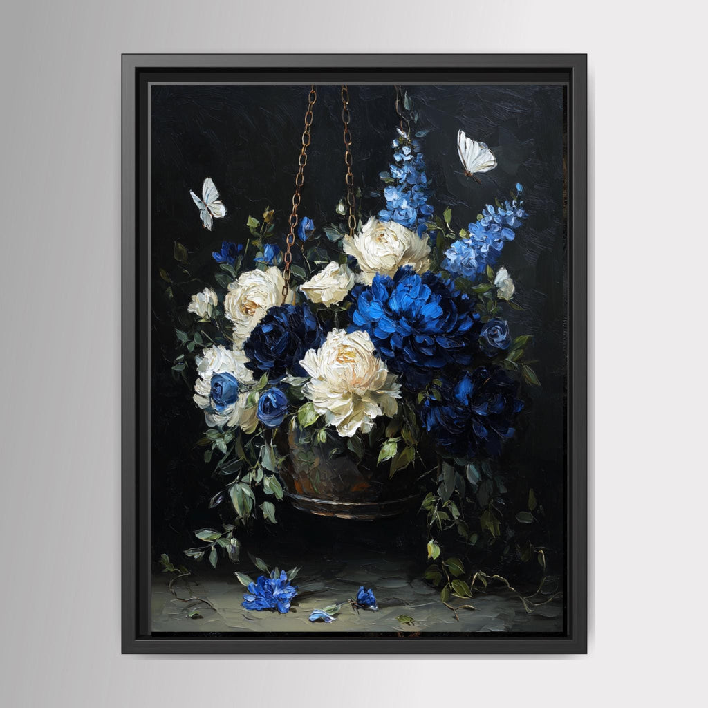 Blue and Cream Floral Hanging Basket Wall Art Print, Peonies Butterflies, Elegant Botanical Artwork