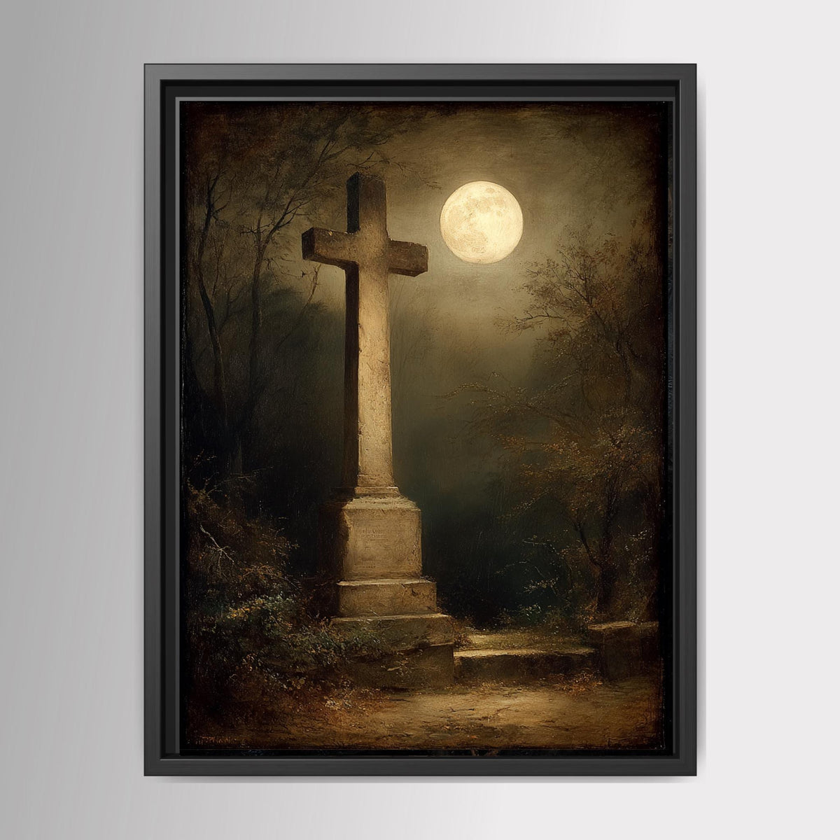 Moonlit Cross Tombstone Wall Art, Gothic Churchyard Print, Haunted Victorian Memorial Graveyard Decor Main image
