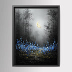 Moonlit Forest Wall Art Print, Bluebells Wildflower Landscape, Silhouette Trees Woodland Decor