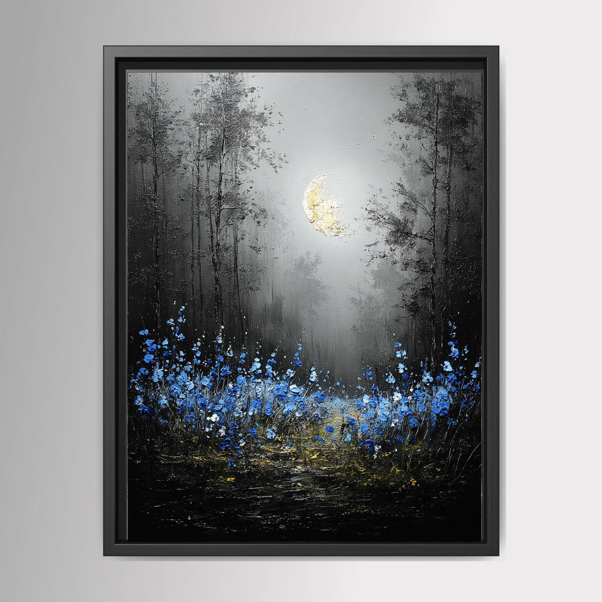 Moonlit Forest Wall Art Print, Bluebells Wildflower Landscape, Silhouette Trees Woodland Decor