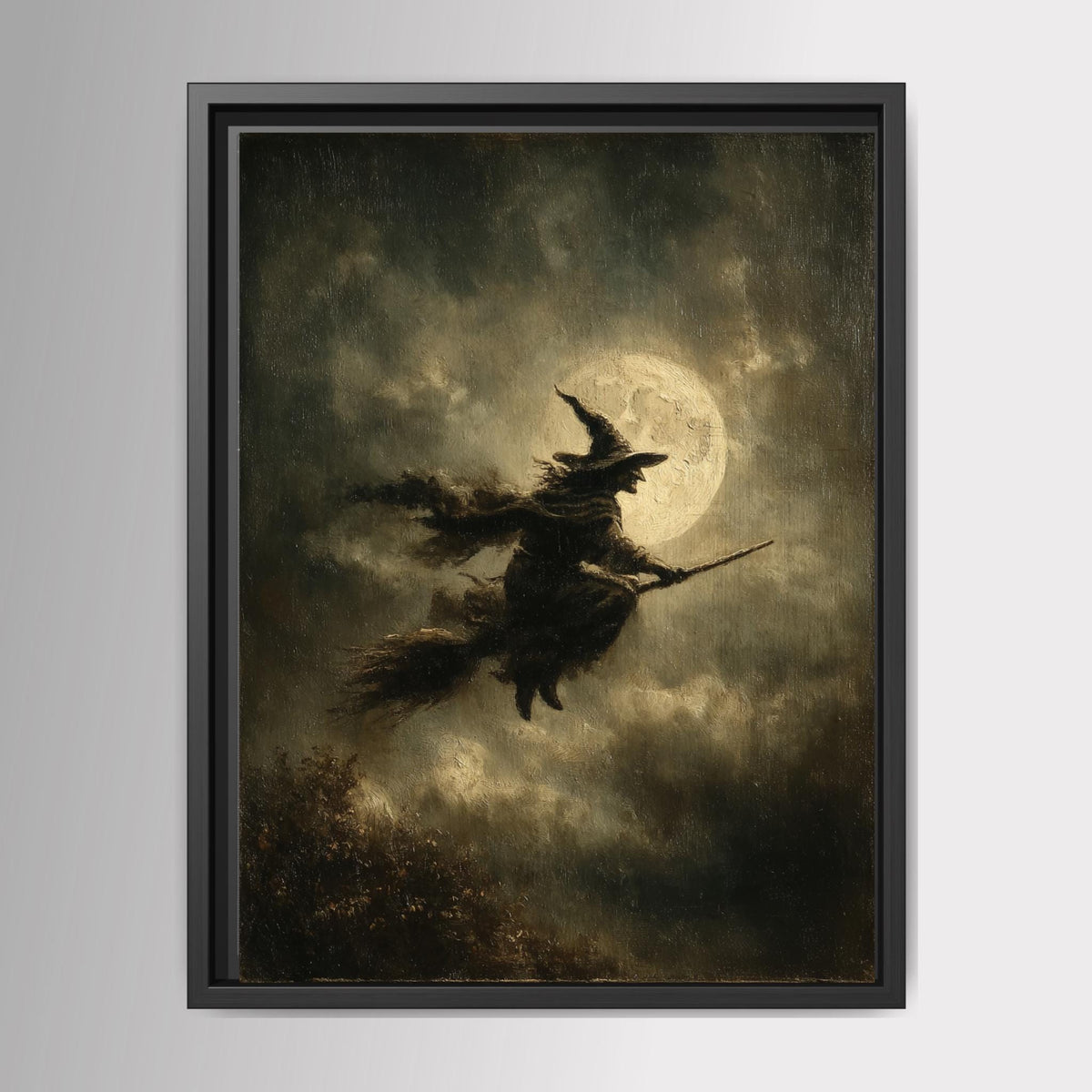 Vintage Witch Print, Flying Broomstick Silhouette, Full Moon Halloween Witchy Dark Moody Decor Main image