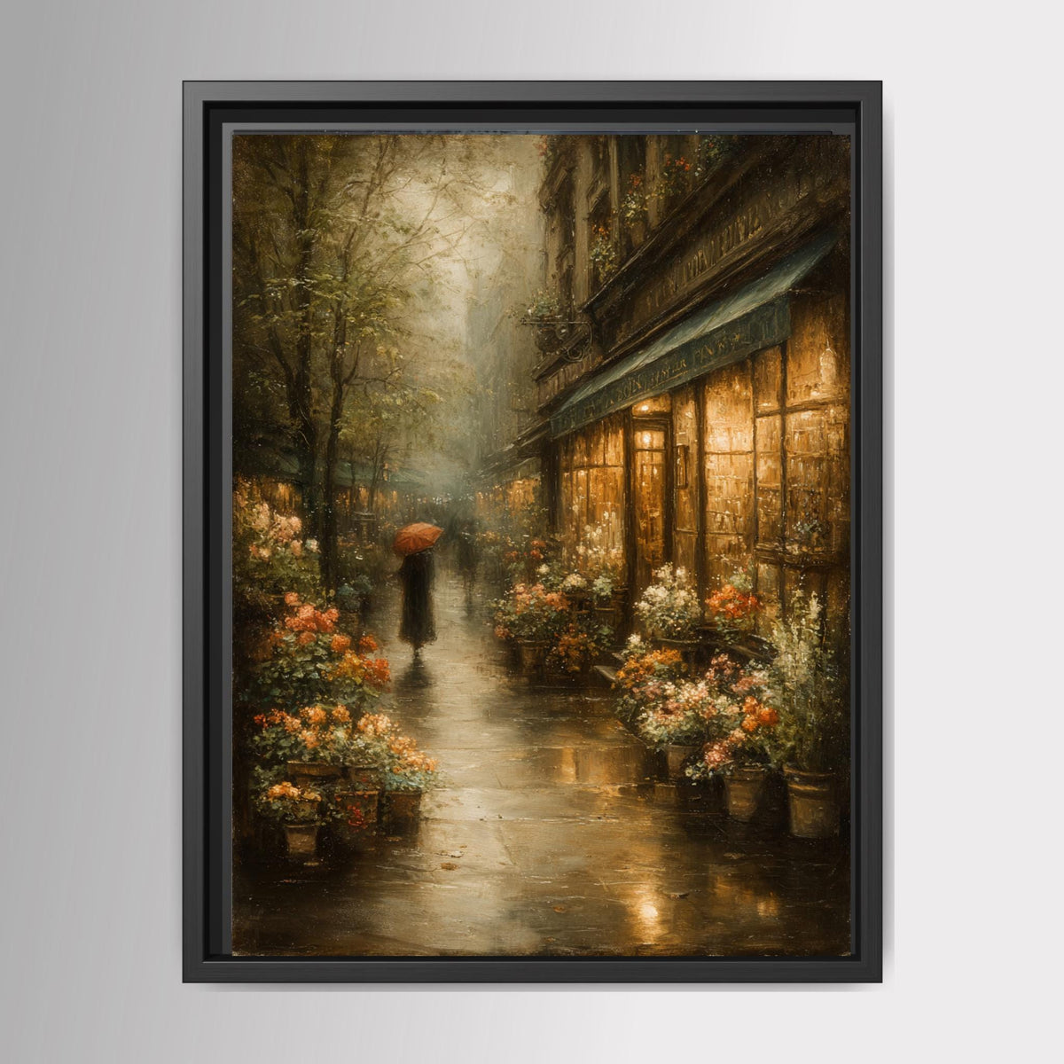 Vintage Flower Shop Rainy Street Print Paris Florist Store Wall Art Romantic European Decor Main image
