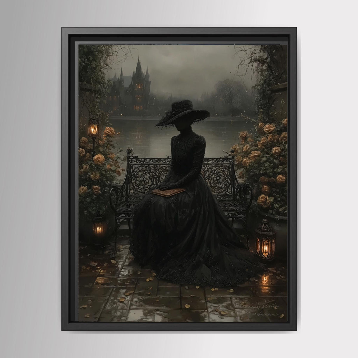 Victorian Widow in Black Lace by Misty Gothic Lake Castle Wall Art Print Main image