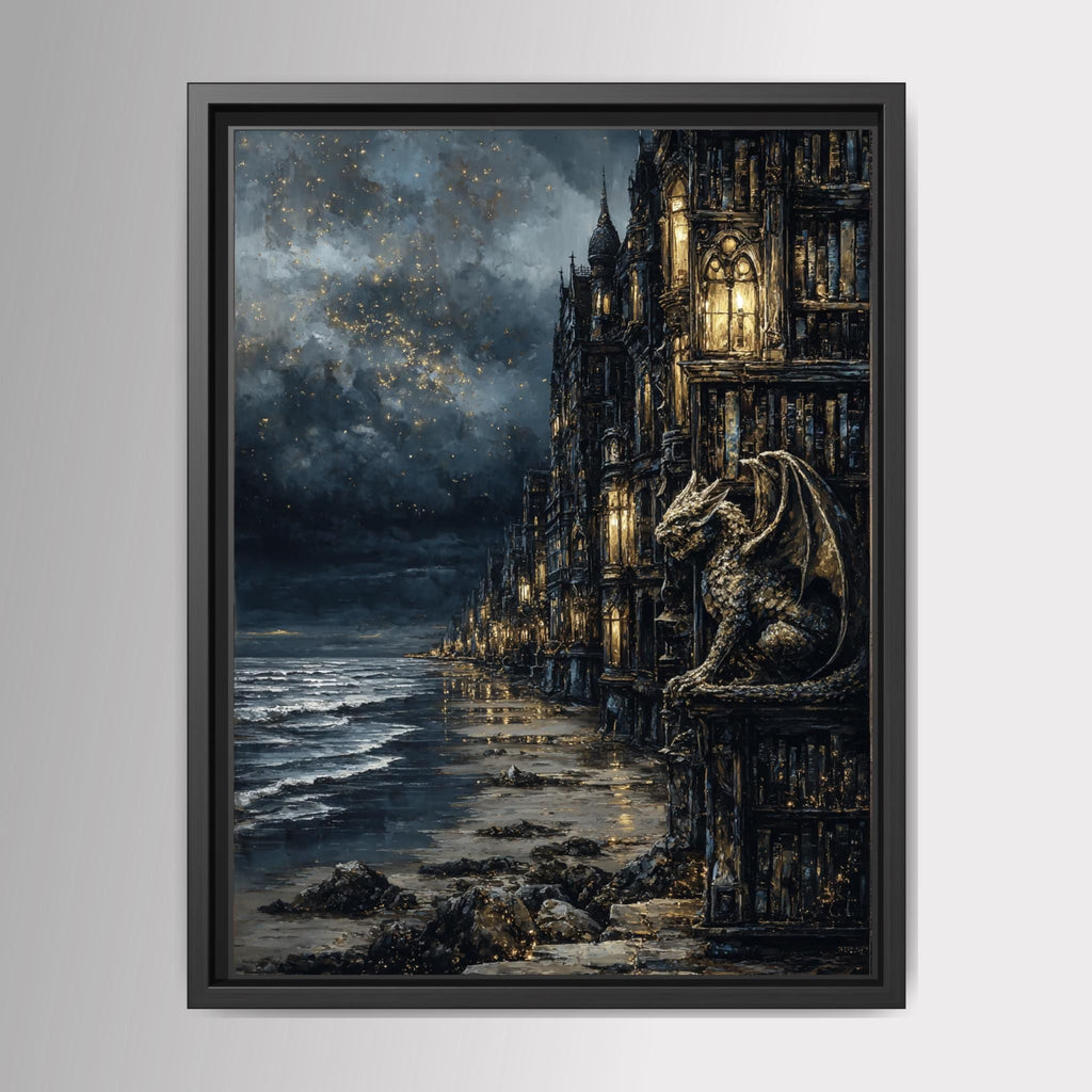 Gargoyle Wall Art, Gothic Coastal Buildings, Atmospheric Ocean Print, Dark Fantasy Seascape Decor