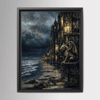 Gargoyle Wall Art, Gothic Coastal Buildings, Atmospheric Ocean Print, Dark Fantasy Seascape Decor