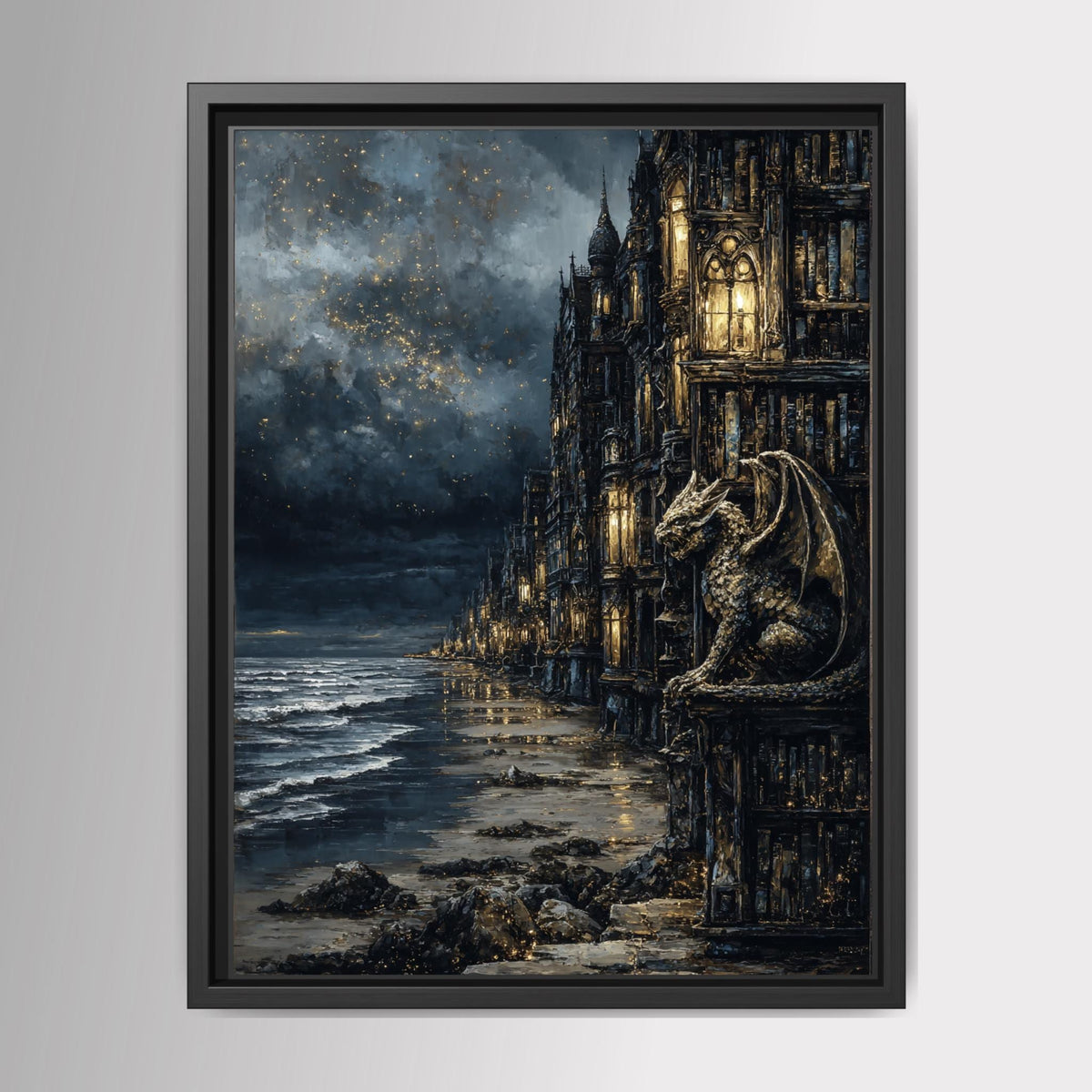 Gargoyle Wall Art, Gothic Coastal Buildings, Atmospheric Ocean Print, Dark Fantasy Seascape Decor