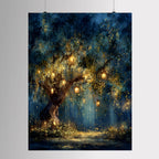 Firefly Lantern Tree Art Print Blue Sky Woodland at Night Magical Fairy Lights Painting,