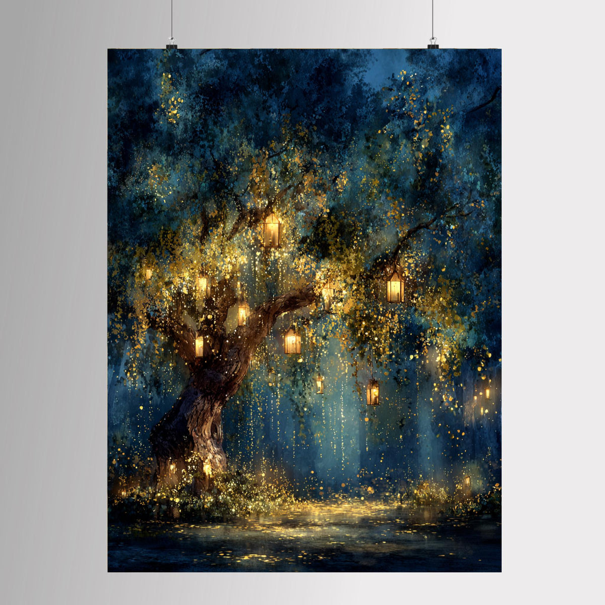 Firefly Lantern Tree Art Print Blue Sky Woodland at Night Magical Fairy Lights Painting,