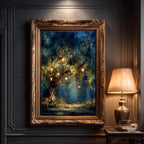 Firefly Lantern Tree Art Print Blue Sky Woodland at Night Magical Fairy Lights Painting,