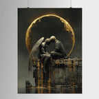 Angel and Lover Under Golden Eclipse Moon Art Print, Romantic Wall Art Celestial Painting
