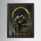 Angel and Lover Under Golden Eclipse Moon Art Print, Romantic Wall Art Celestial Painting
