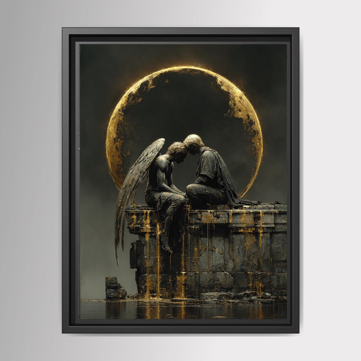 Angel and Lover Under Golden Eclipse Moon Art Print, Romantic Wall Art Celestial Painting