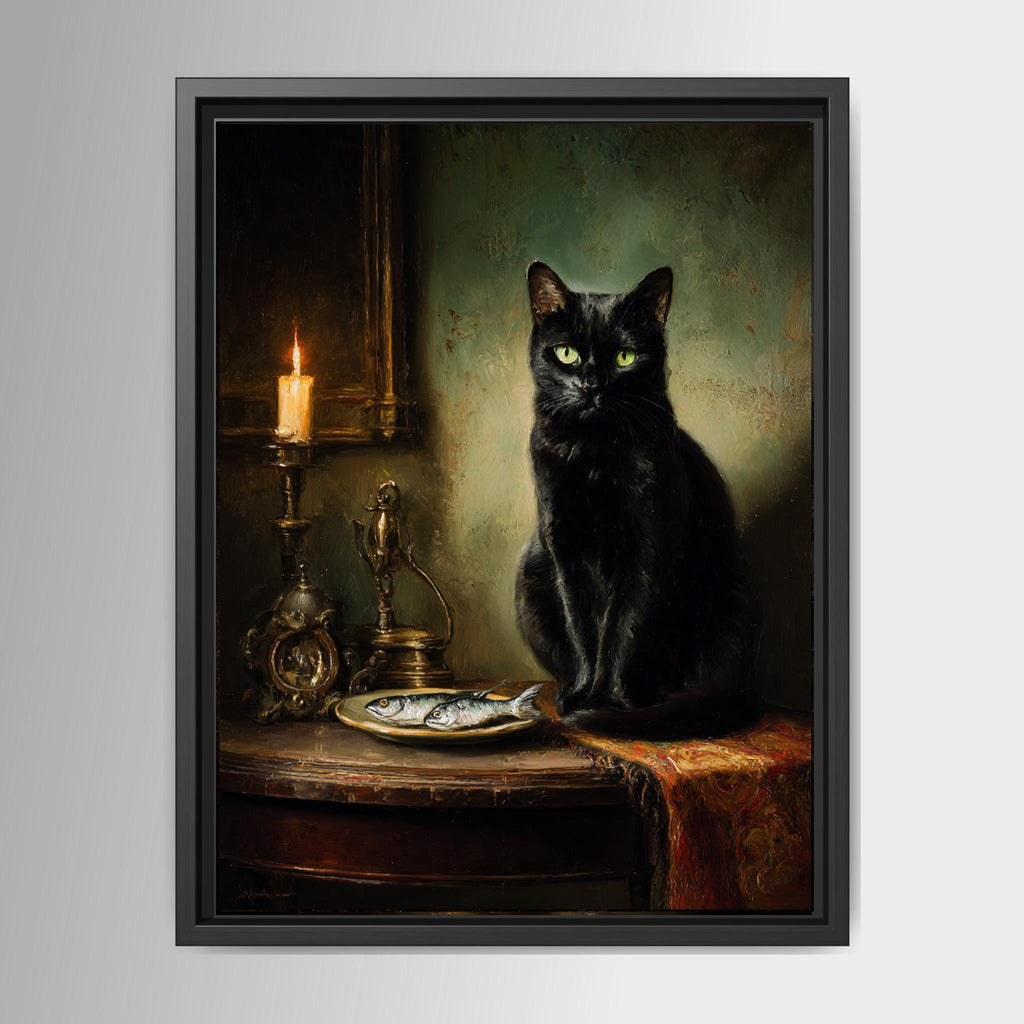 Black Cat with Fish Wall Art Print, Vintage Witchy Painting, Animal Lover Gift