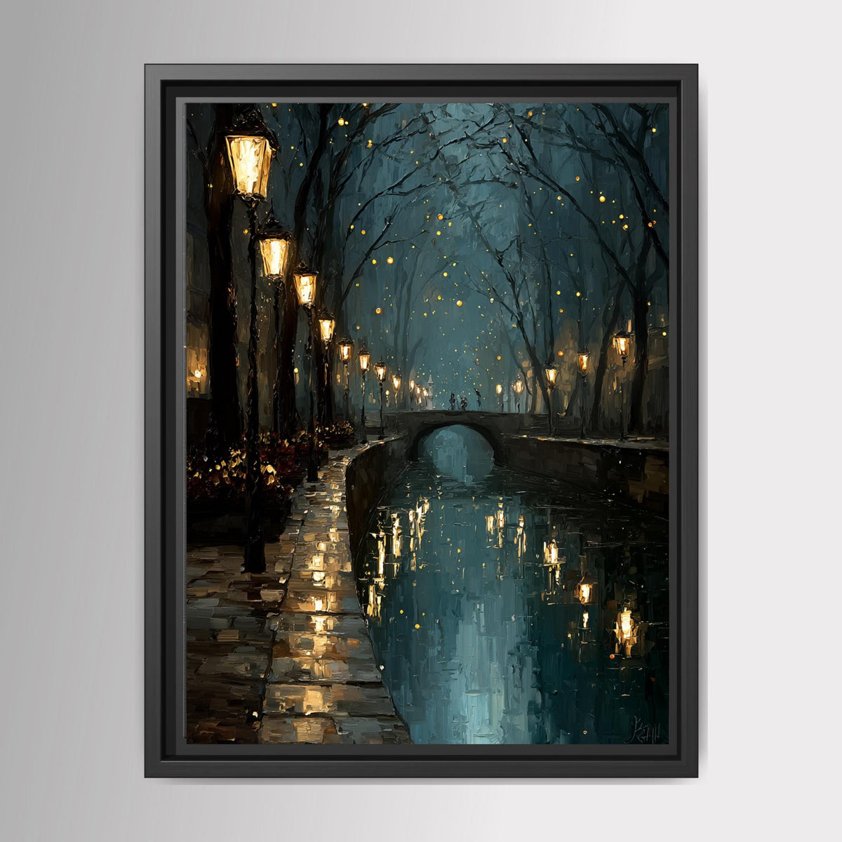 Teal Canal Tow Path Nighttime Scene Print Golden Lampposts Oil Painting Style Water Reflections Main image