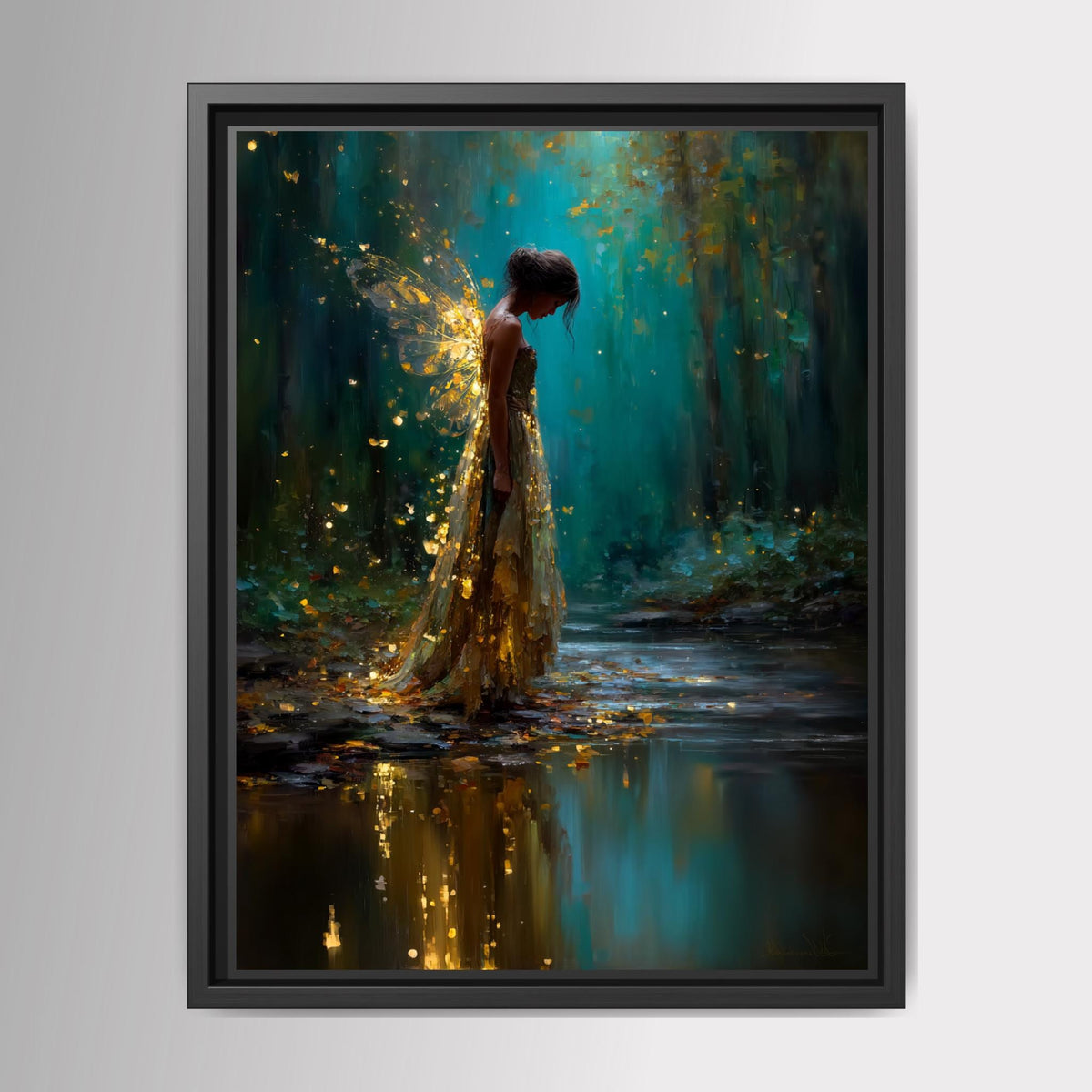 Forest Fairy Tattered Gold Wings Wall Art, Teal Fantasy Print, Enchanted Moonlit Woodland Decor