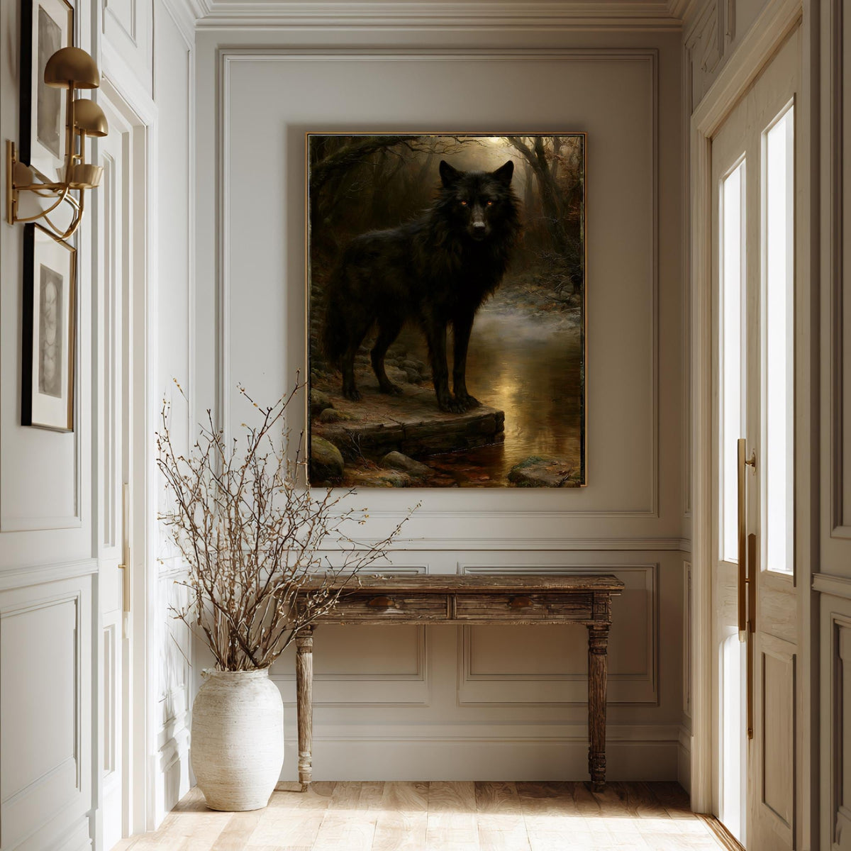 Black Wolf Wall Art, Gothic Animal Print, Dark Forest Painting, Woodland Decor, Masculine Artwork