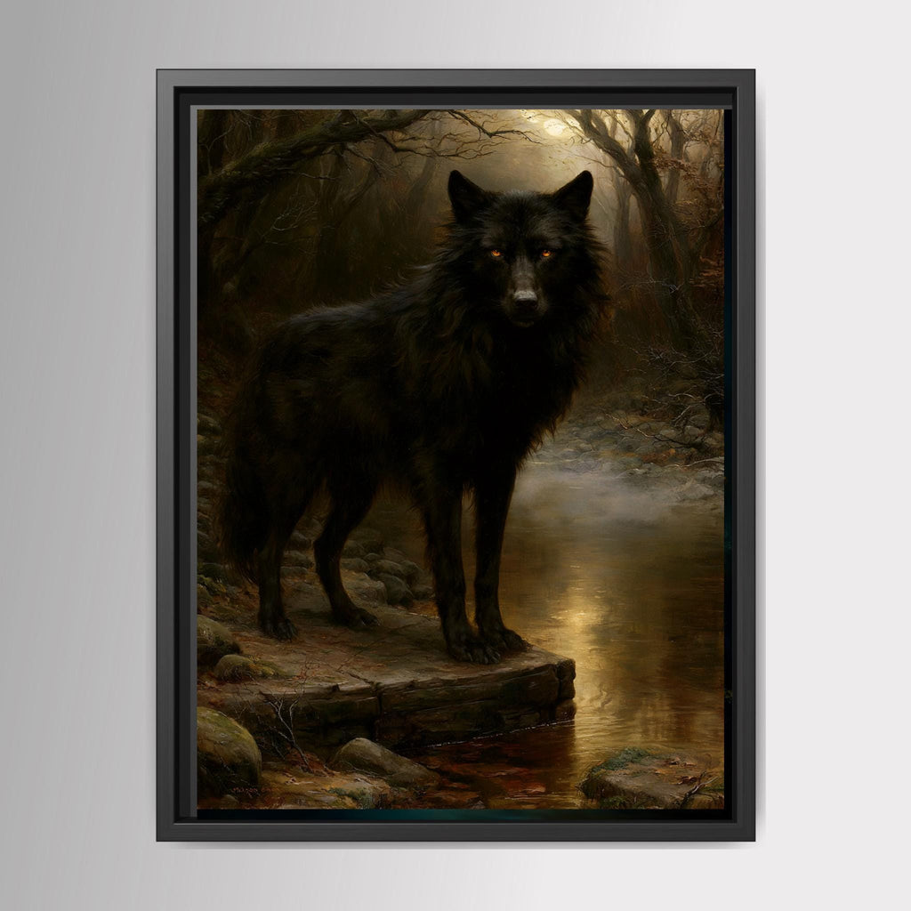 Black Wolf Wall Art, Gothic Animal Print, Dark Forest Painting, Woodland Decor, Masculine Artwork