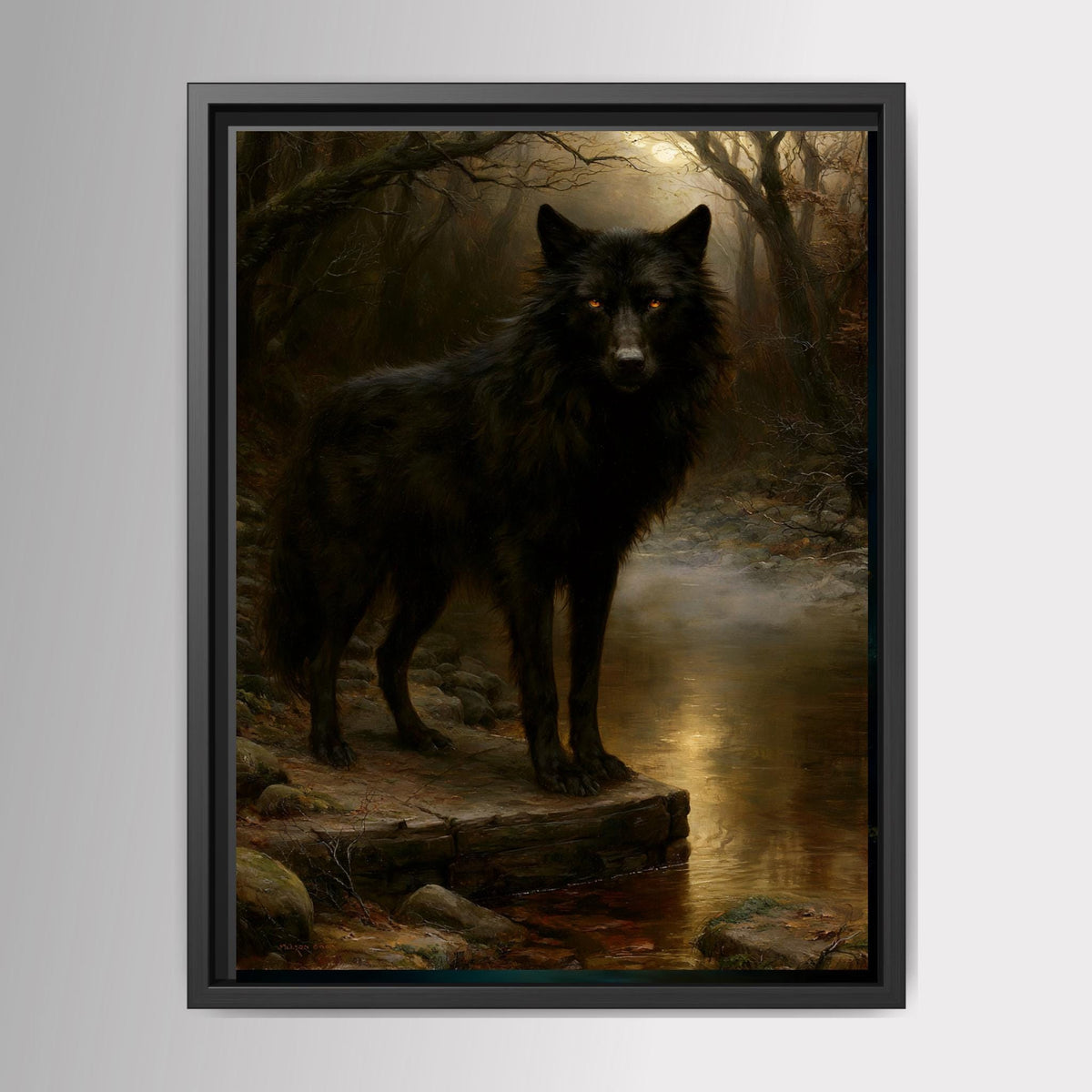Black Wolf Wall Art, Gothic Animal Print, Dark Forest Painting, Woodland Decor, Masculine Artwork