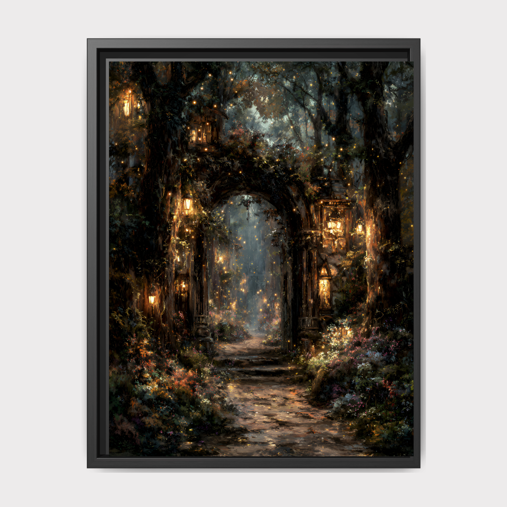 Enchanted Fairy Portal Forest Print, Mystical Lanterns Woodland Painting, Vintage Fantasy Firefly Wall Art