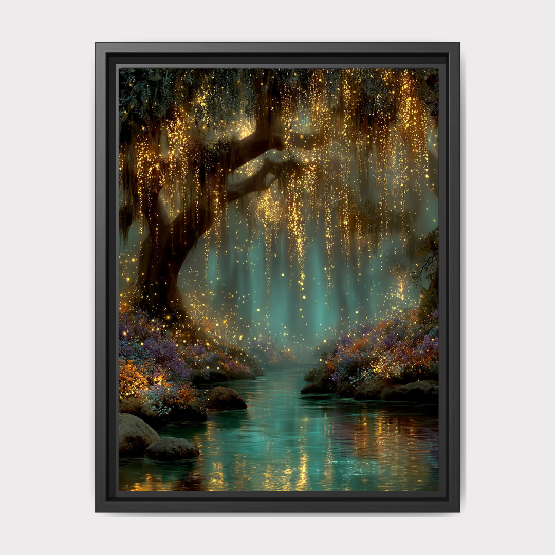 Teal Fireflies Willow Print, Golden River Reflections Glowing Enchanted Forest Magical Painting Main image
