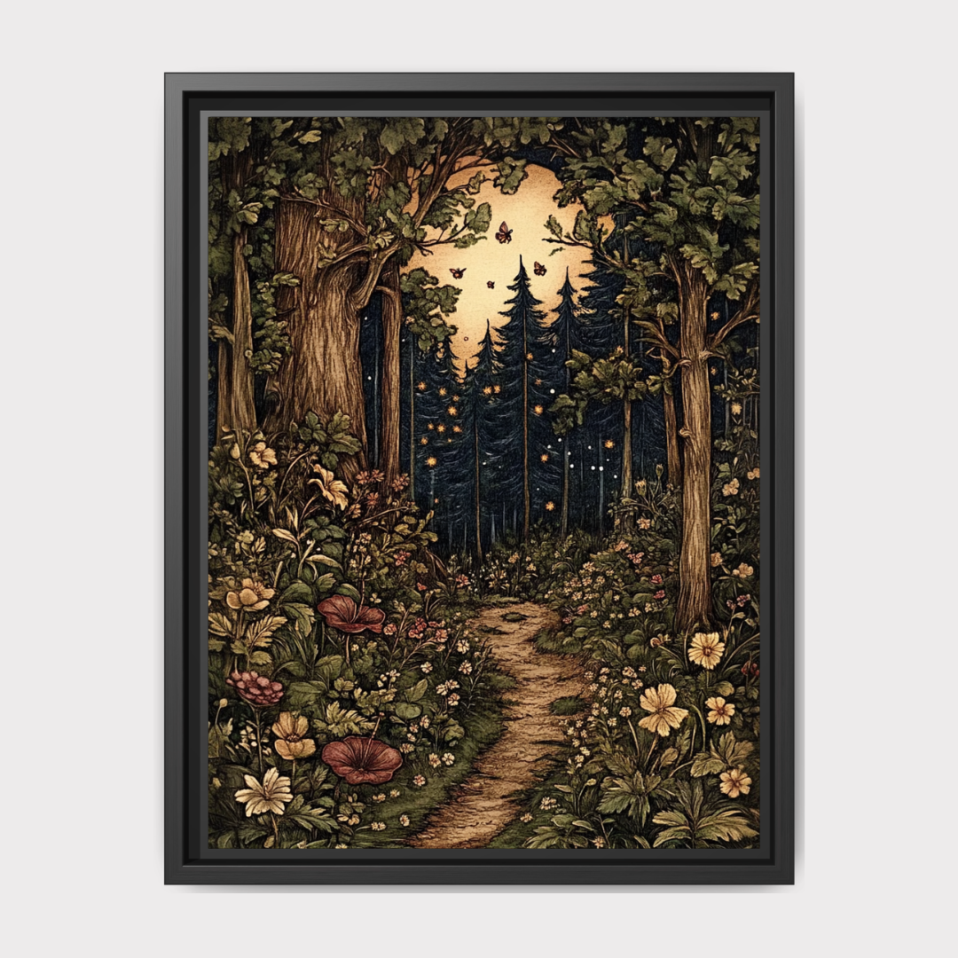 William Morris Inspired Forest Path Art Print: Cottagecore Fireflies and Trees Main image