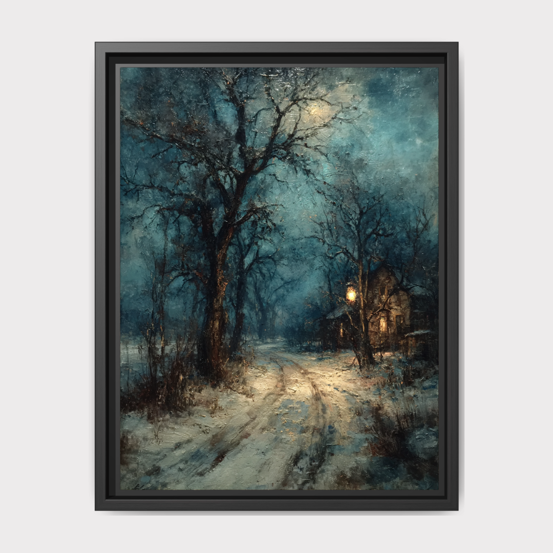 Winter Cottage Snowy Path Art Print, Moody Snow Scene, Wintery Moon Tree Silhouette Painting Main image