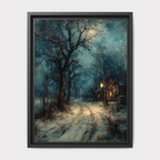 Winter Cottage Snowy Path Art Print, Moody Snow Scene, Wintery Moon Tree Silhouette Painting