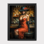 Woman in Red Dress at Bar Art Print, Glamorous Romantic Moody Room Wall Decor