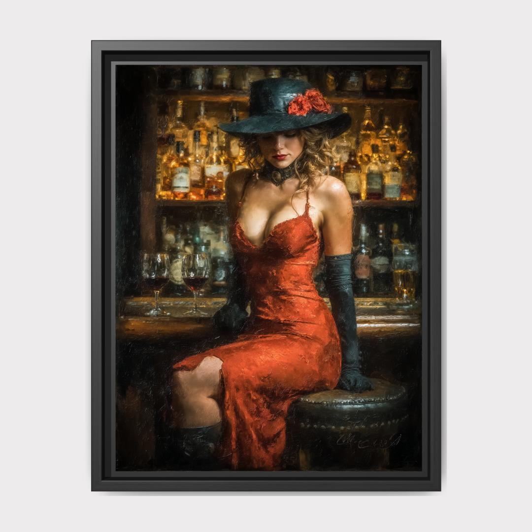 Woman in Red Dress at Bar Art Print, Glamorous Romantic Moody Room Wall Decor