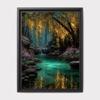 Turquoise Pond Gold Willow Print, Fairy Light River Wall Art, Enchanted Tree Mystical Woodland
