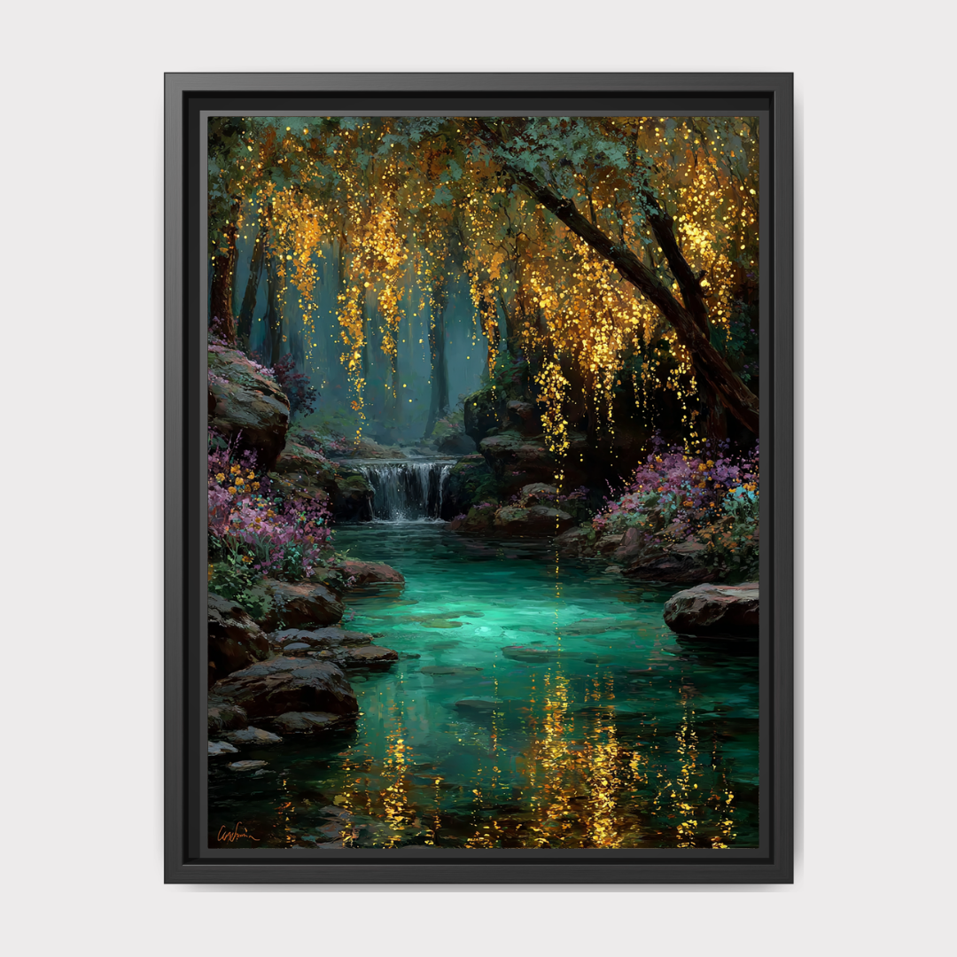 Turquoise Pond Gold Willow Print, Fairy Light River Wall Art, Enchanted Tree Mystical Woodland