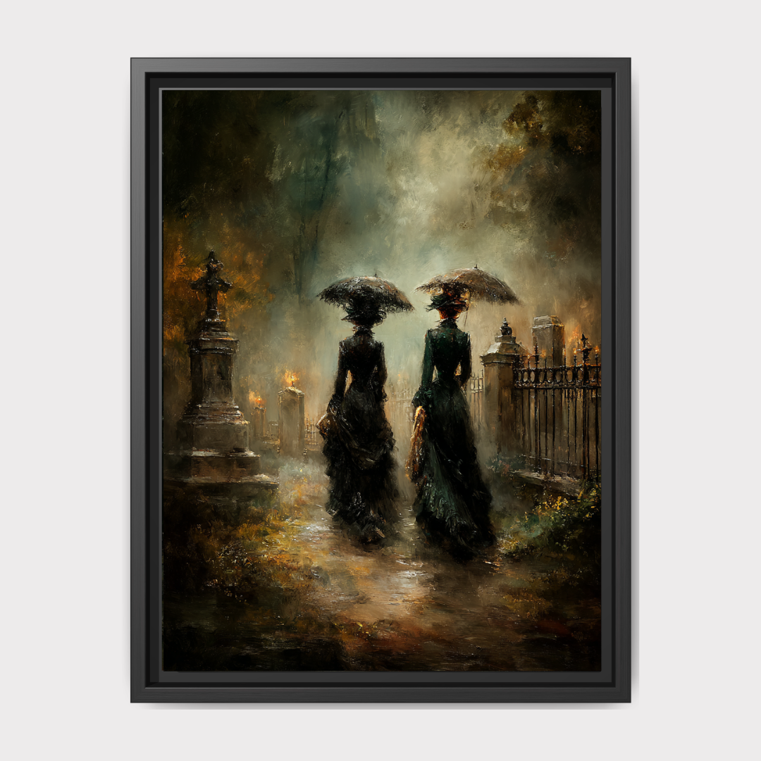 Victorian Mourning Ladies Wallart Print, Funeral Cemetary Scene, Moody Bereavement Memorial Art Main image