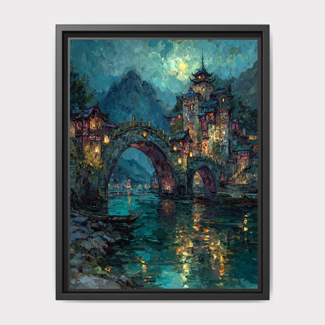 City of Starlight Fantasy Wall Art Print, River Bridge, Moonlit Night Cityscape Painting