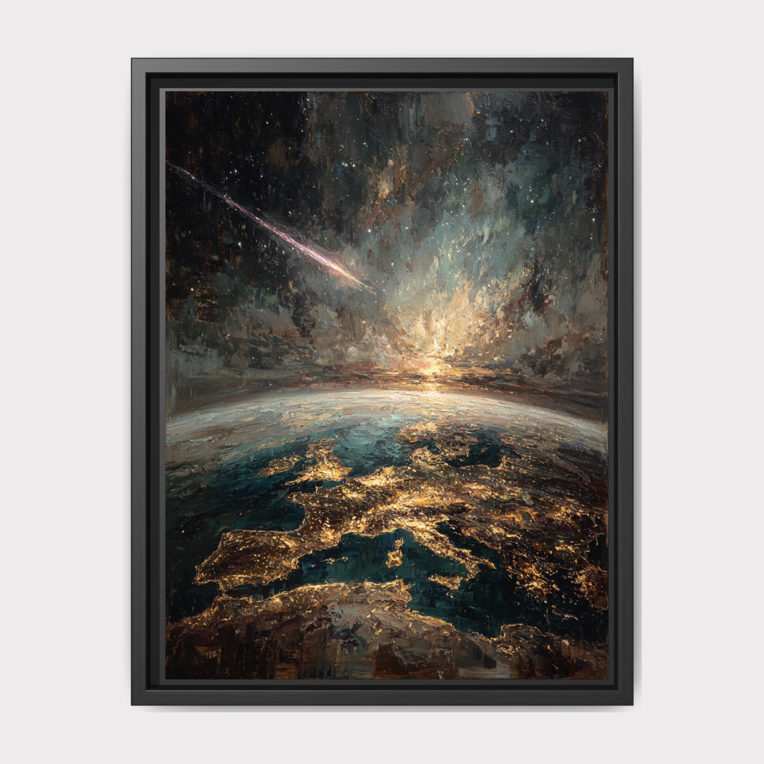 Earth From Space Oil Painting Print, Meteor Shooting Star Dark Night, Moody Wall Art