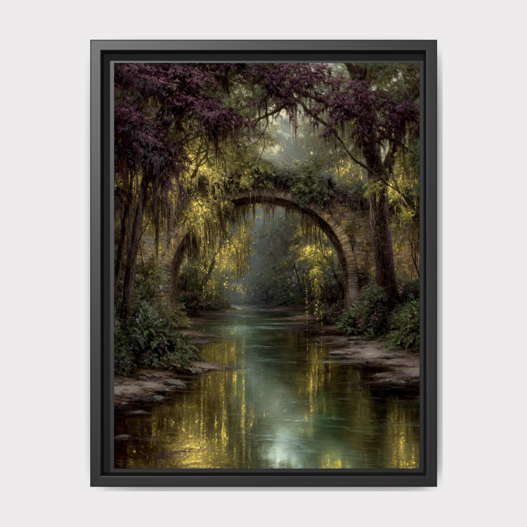 Fairy Bridge River Art Print, Enchanted Woodland Illustration, Vintage Fantasy Firefly Oil Style Painting