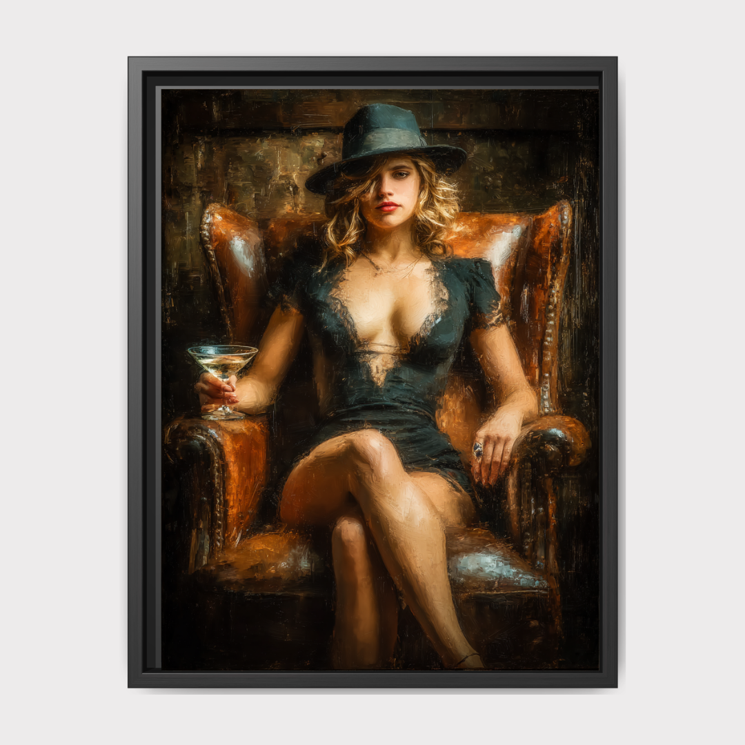 Femme Fatale Wall Art Print, Woman in Black Dress and Fedora Painting