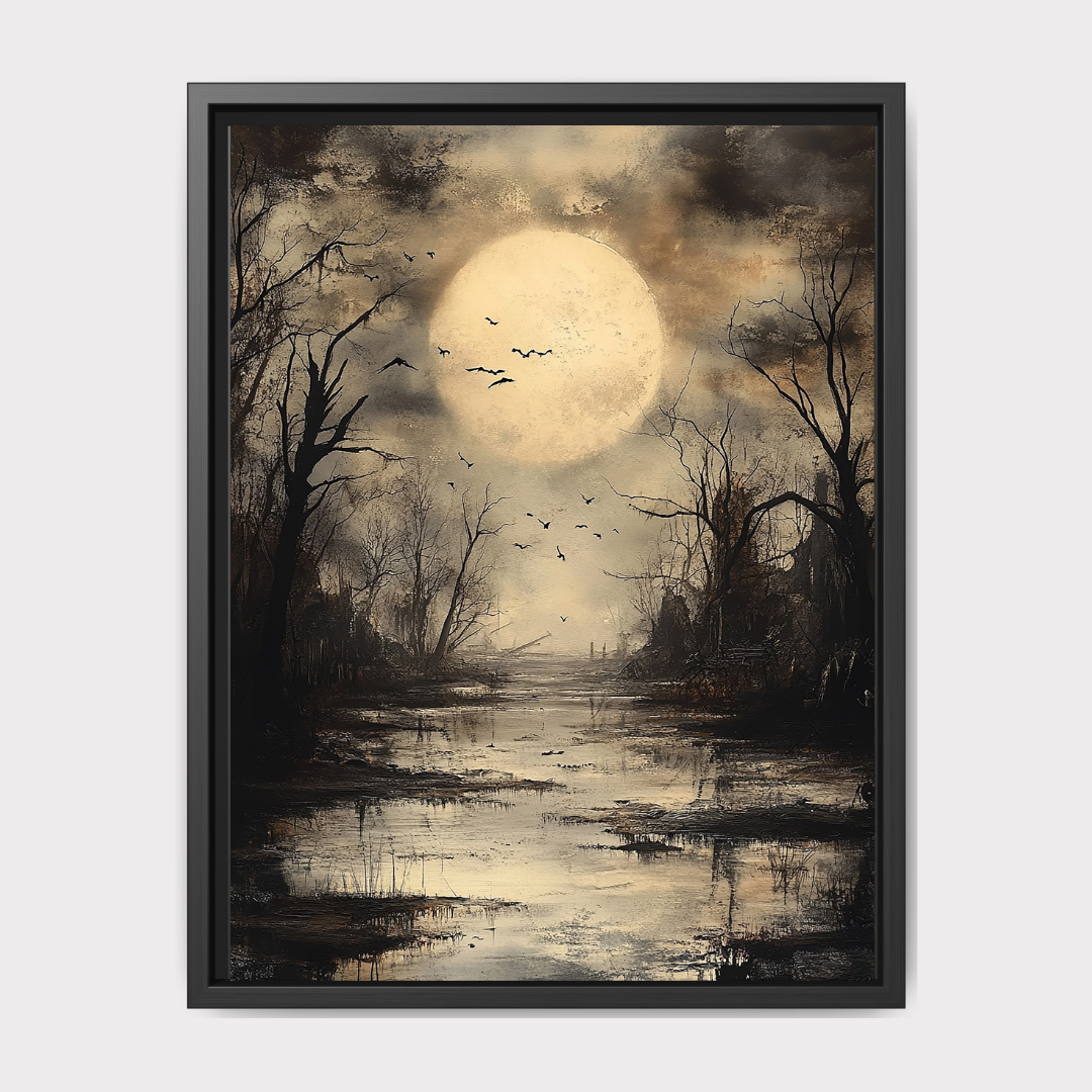 Full Moon, Moody Forest Swamp Wall Art Print Creepy Landscape, Raven Birds, Dark Decor Main image