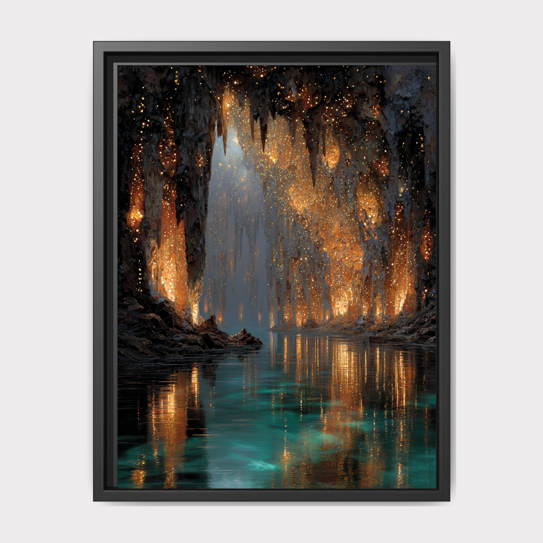 Golden Crystal Cave wall Art print, Turquoise Water Fantasy Print, Glowing Cavern Painting Main image