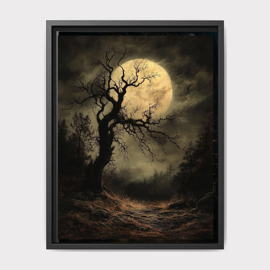 Gothic Full Moon Forest Art Print, Spooky Tree Silhouette Dark Moody Oil Painting Style