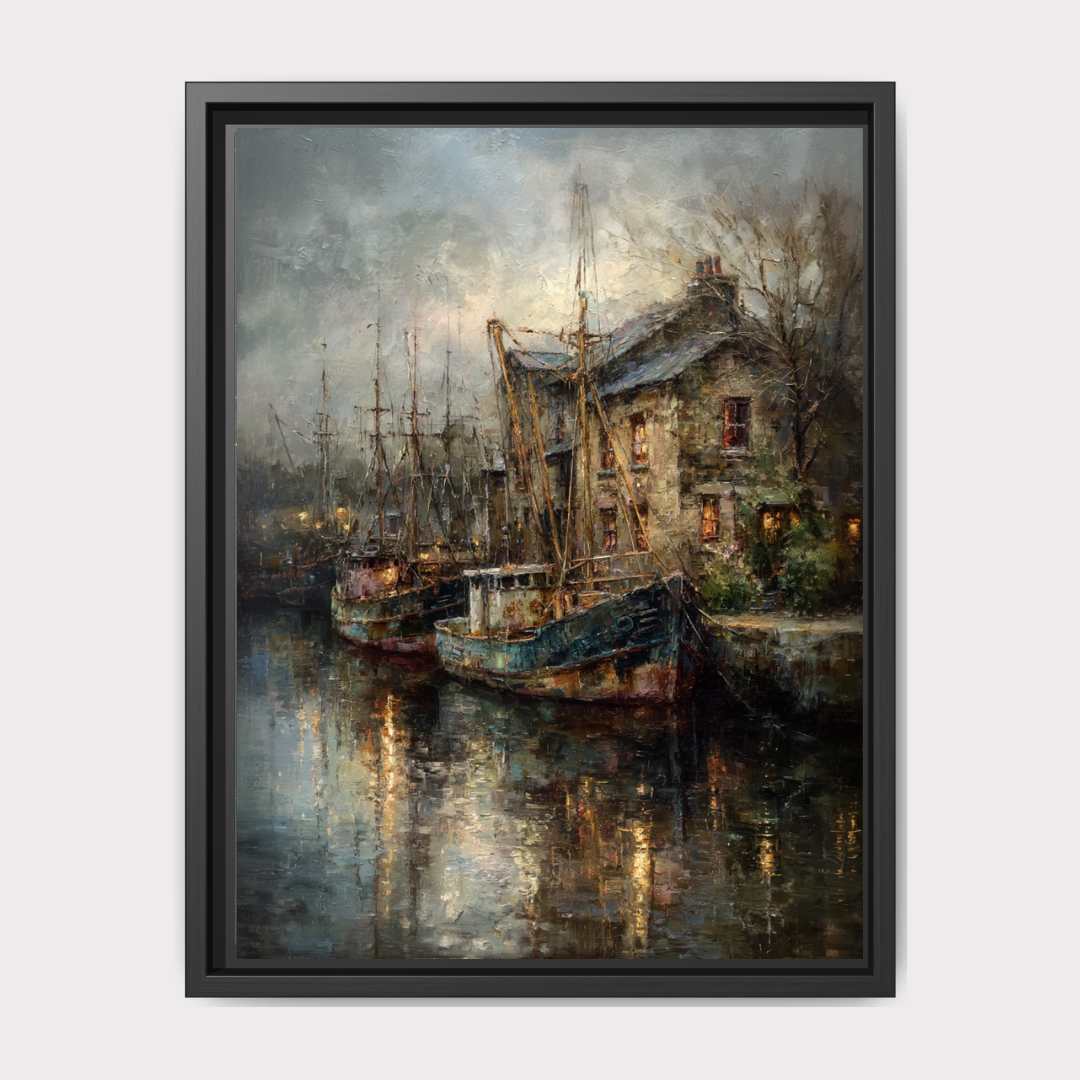 Moody Harbor Art Print, Vintage Boat Painting, Coastal Wall Decor Main image