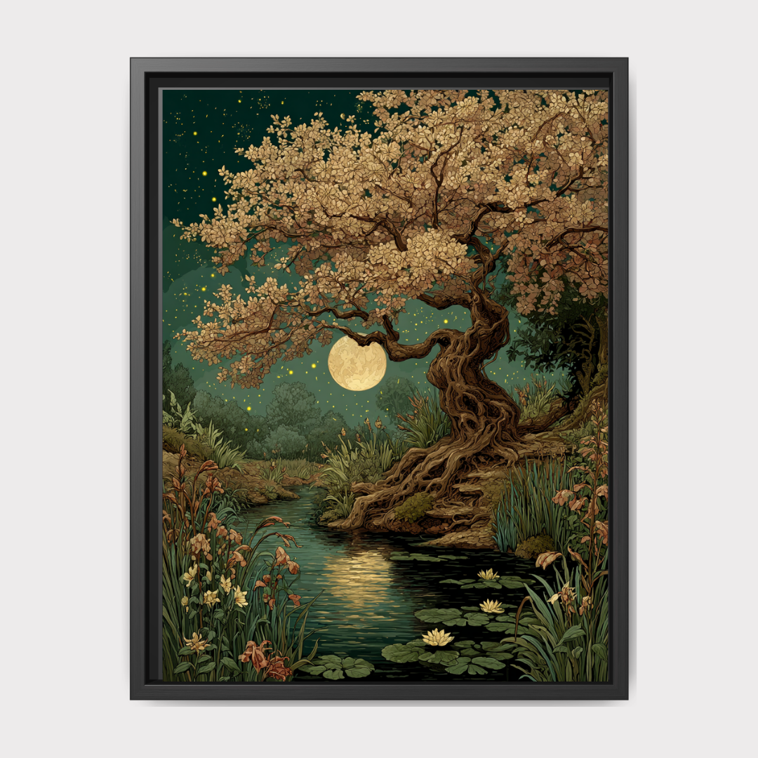 Moonlit Cherry Tree Print, Dark Academia Romantic Forest Art, William Morris Inspired Nature Decor Main image