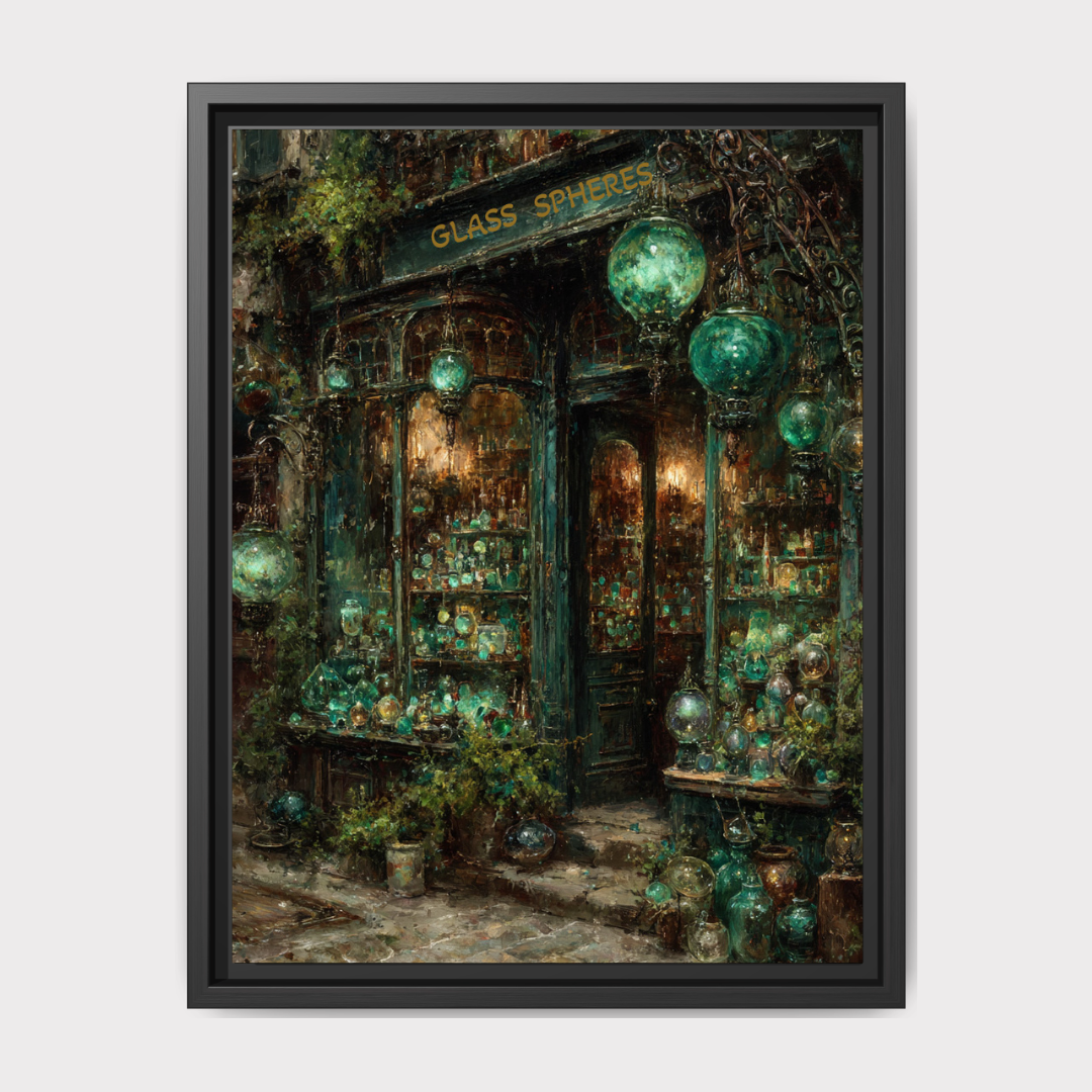 Victorian Glass Bauble Storefront Print, Vintage Green Lanterns Store Painting Style Streetscene Wall Art Main image